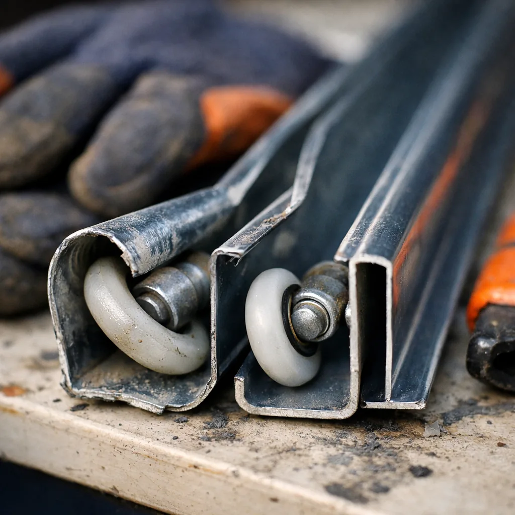 Close-up of a bent commercial door track section next to a straightened one, showing the roller seated in the track
