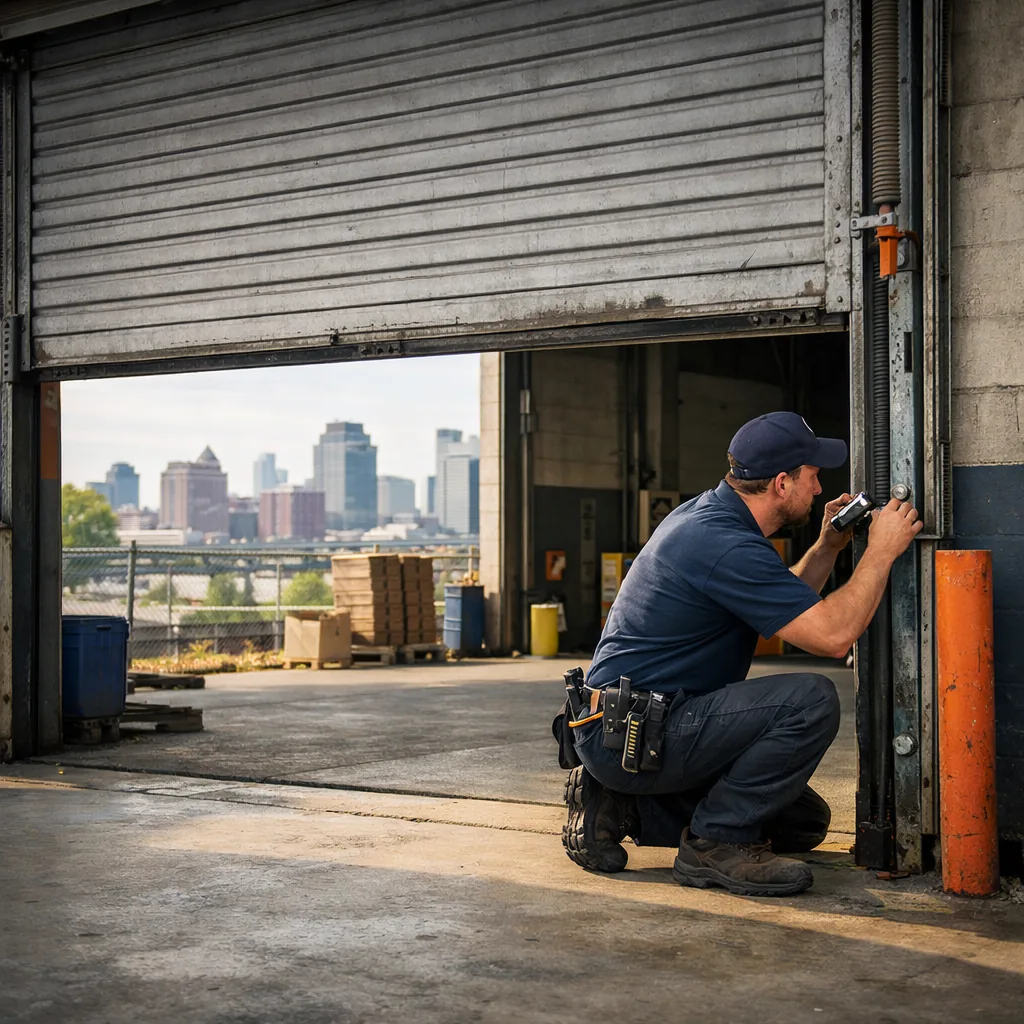 A technician in plain workwear inspecting a large commercial rolling steel door at a loading bay, with the door half raised and the track and guides visible