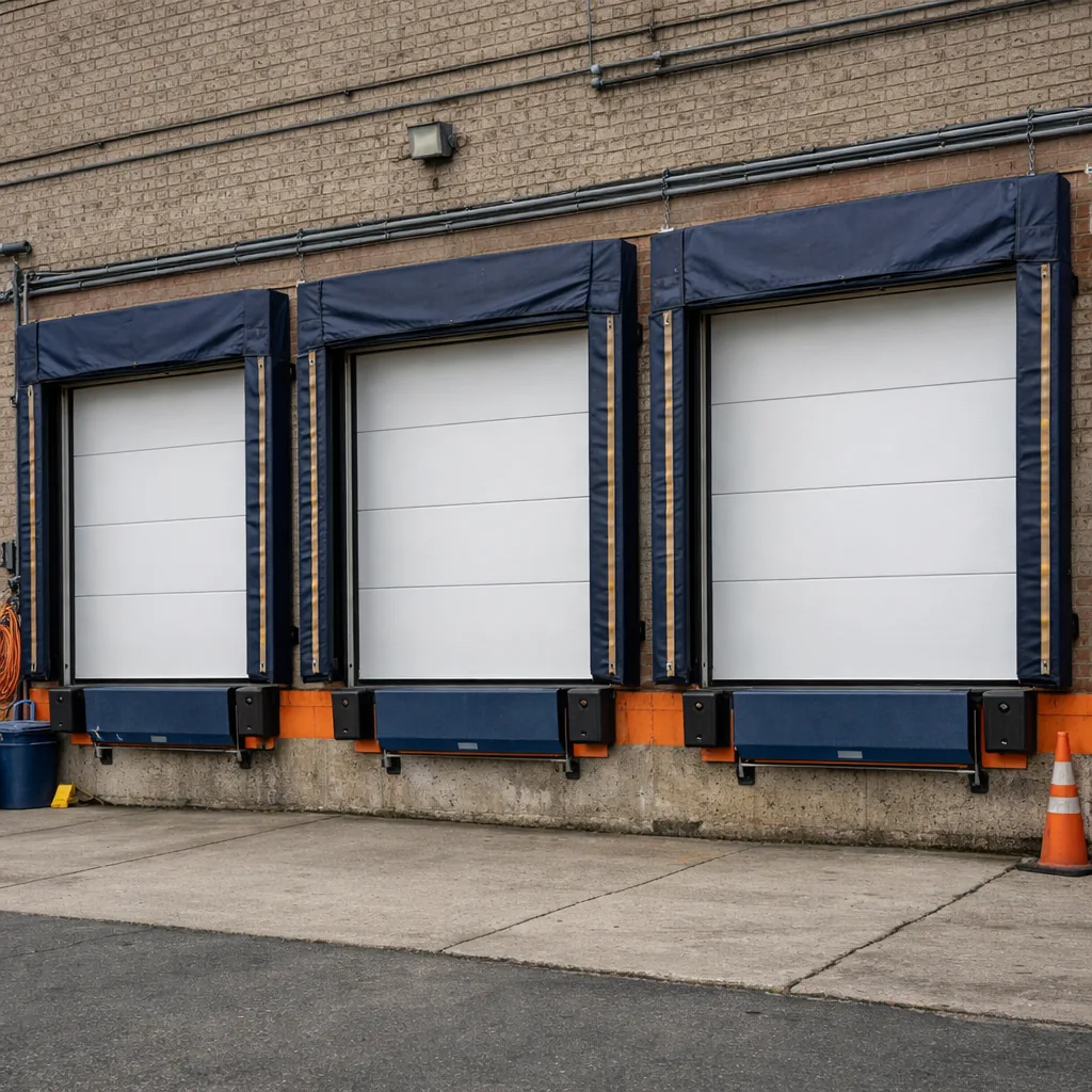 A row of sectional loading dock doors closed and level on a warehouse wall, panels aligned