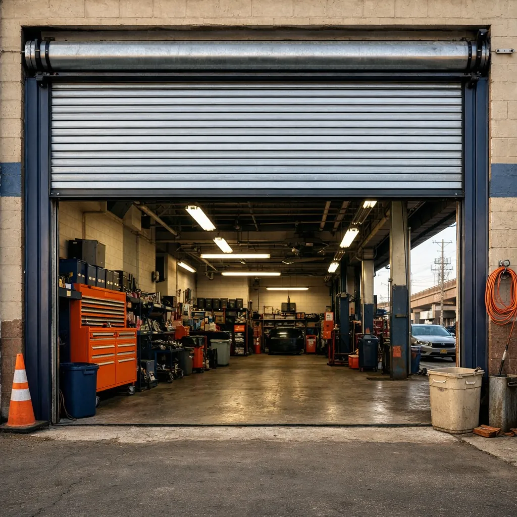 A repaired commercial rolling steel door fully raised at a shop entrance, curtain straight and guides clean