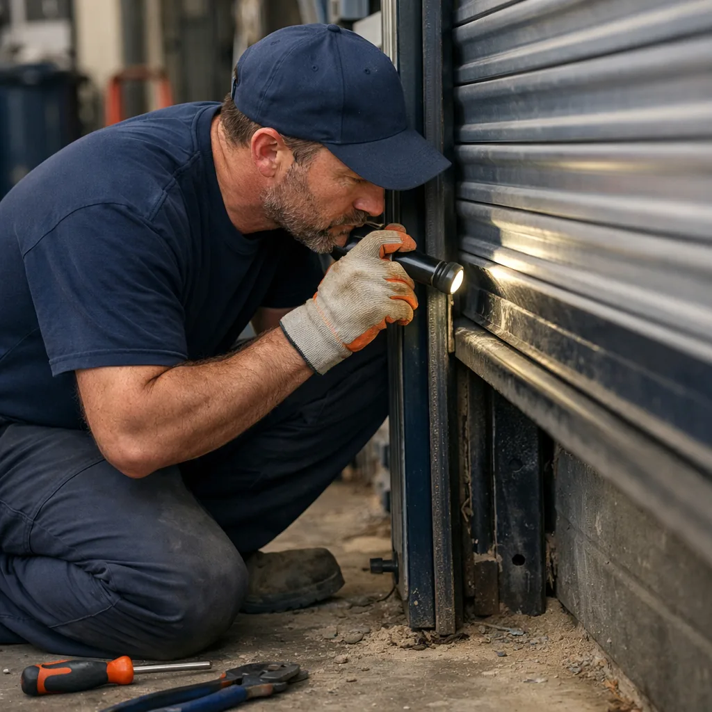 A technician in plain workwear kneeling beside the side guide of a commercial roll up door, checking the slats and the channel with a flashlight