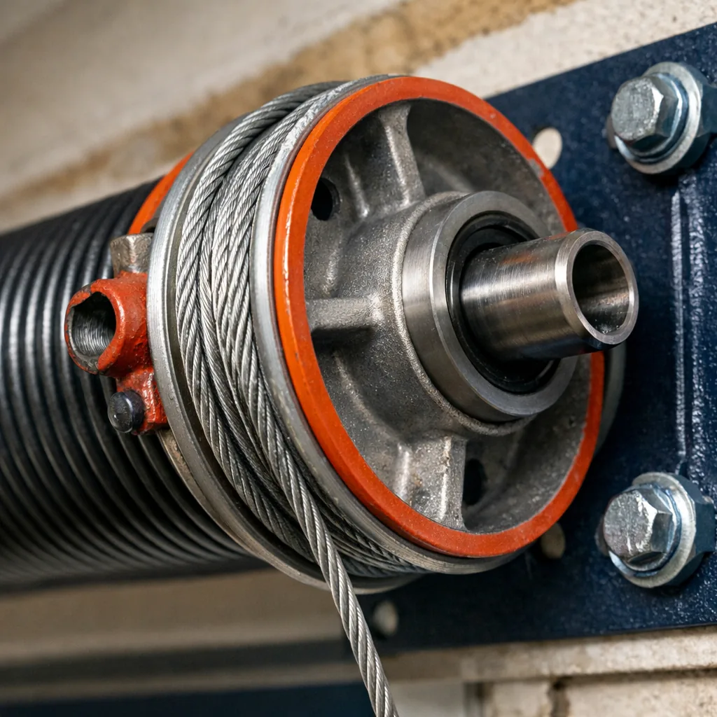 Close-up of a torsion spring, cable drum and bearing plate freshly mounted above a new garage door