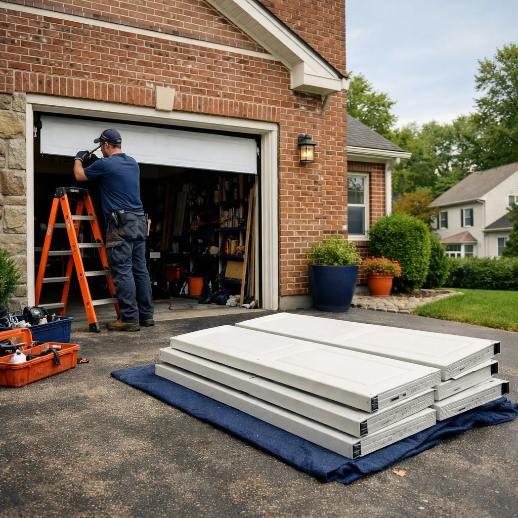A technician in plain workwear fitting a new insulated steel sectional garage door on a brick-front house, with panels half stacked on the driveway