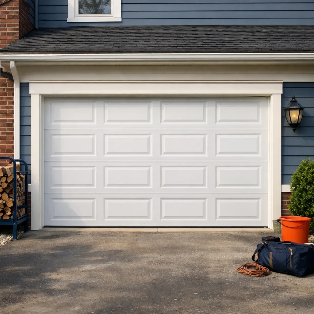 A newly installed white raised-panel insulated steel garage door on a two-car garage of a colonial house, closed, in daylight