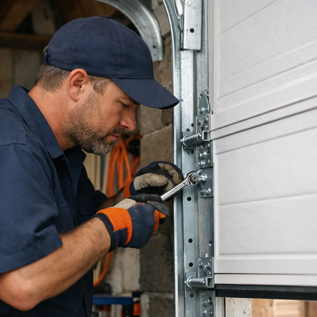 A technician in plain workwear bolting a section of a new garage door into the vertical track, with the door partly assembled in the opening