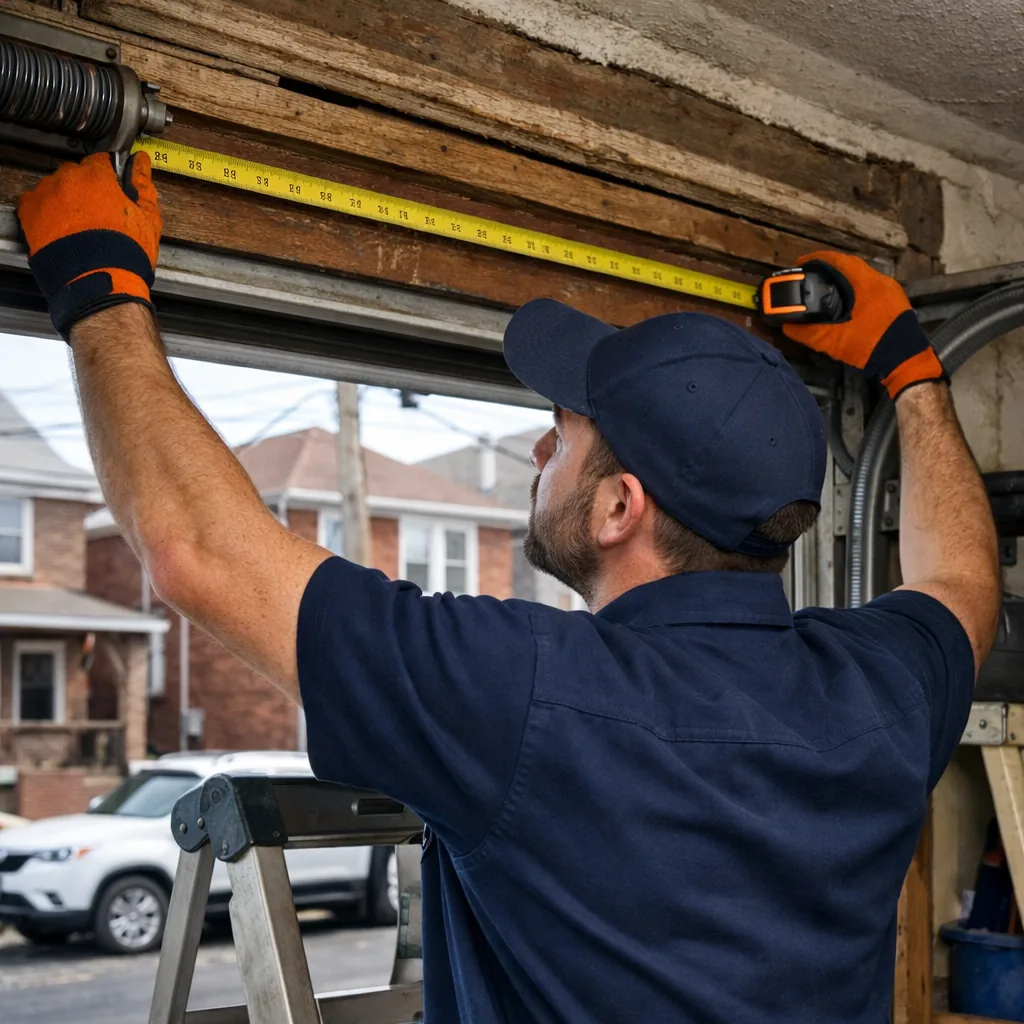 A technician in workwear measuring the width and headroom of an open garage door opening with a tape measure