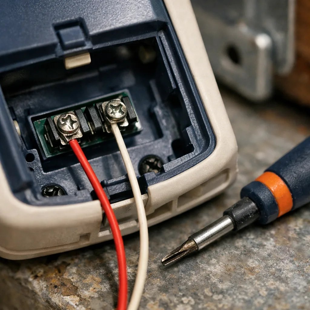 Close-up of the opened back of a wired garage door keypad showing two thin wires attached to terminals, a small screwdriver beside it