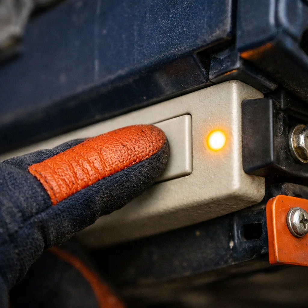 Close-up of a technician's gloved fingertip pressing a small unmarked square button on the side of a garage door opener motor housing beside a glowing LED