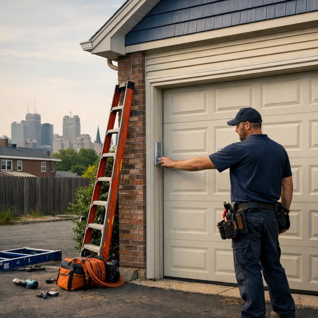 A technician in plain workwear standing at the side of a closed garage door, reaching toward a wall-mounted exterior keypad on the trim beside the door