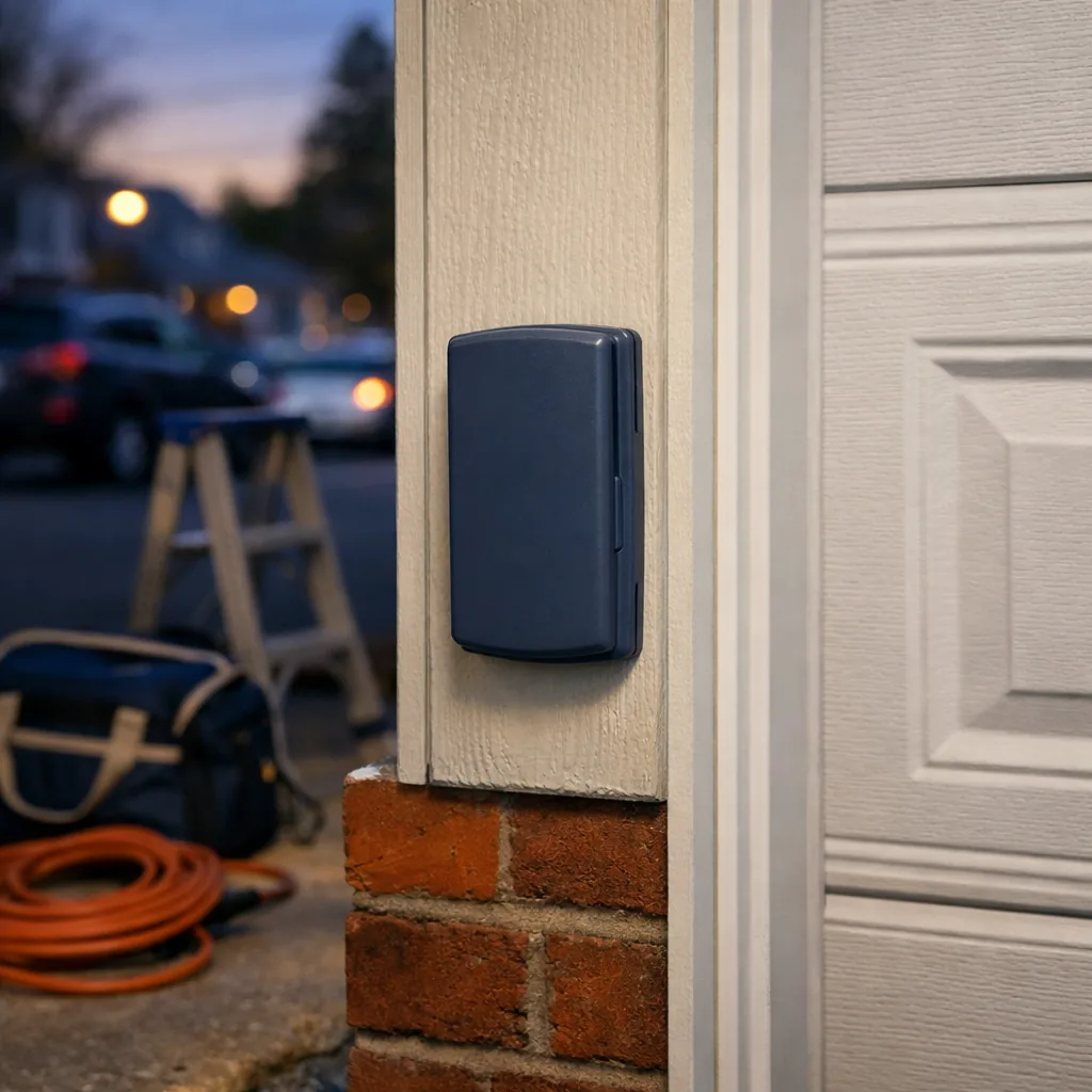 A small freshly installed wireless keypad with its flip cover closed, mounted on the trim beside a white garage door at dusk