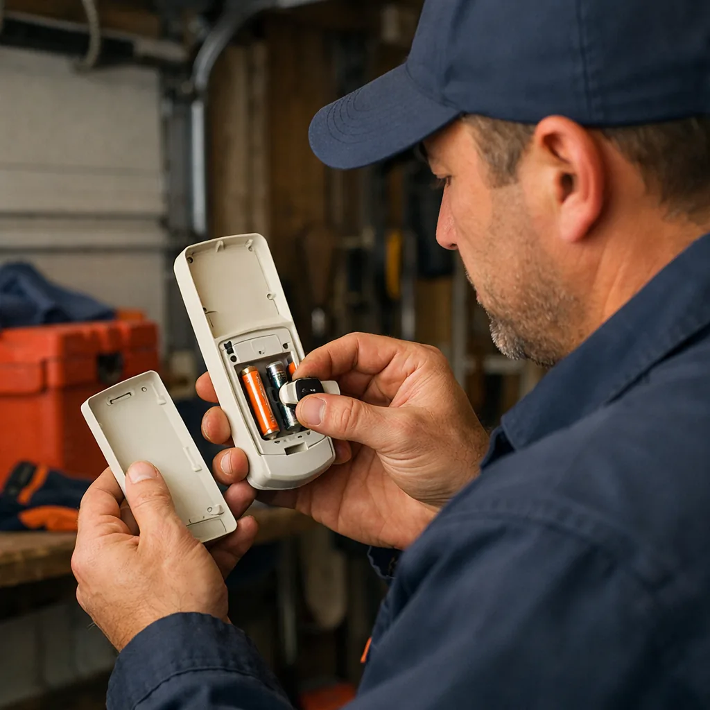 A technician in plain workwear holding a wireless garage door keypad with its back cover off, checking the battery compartment
