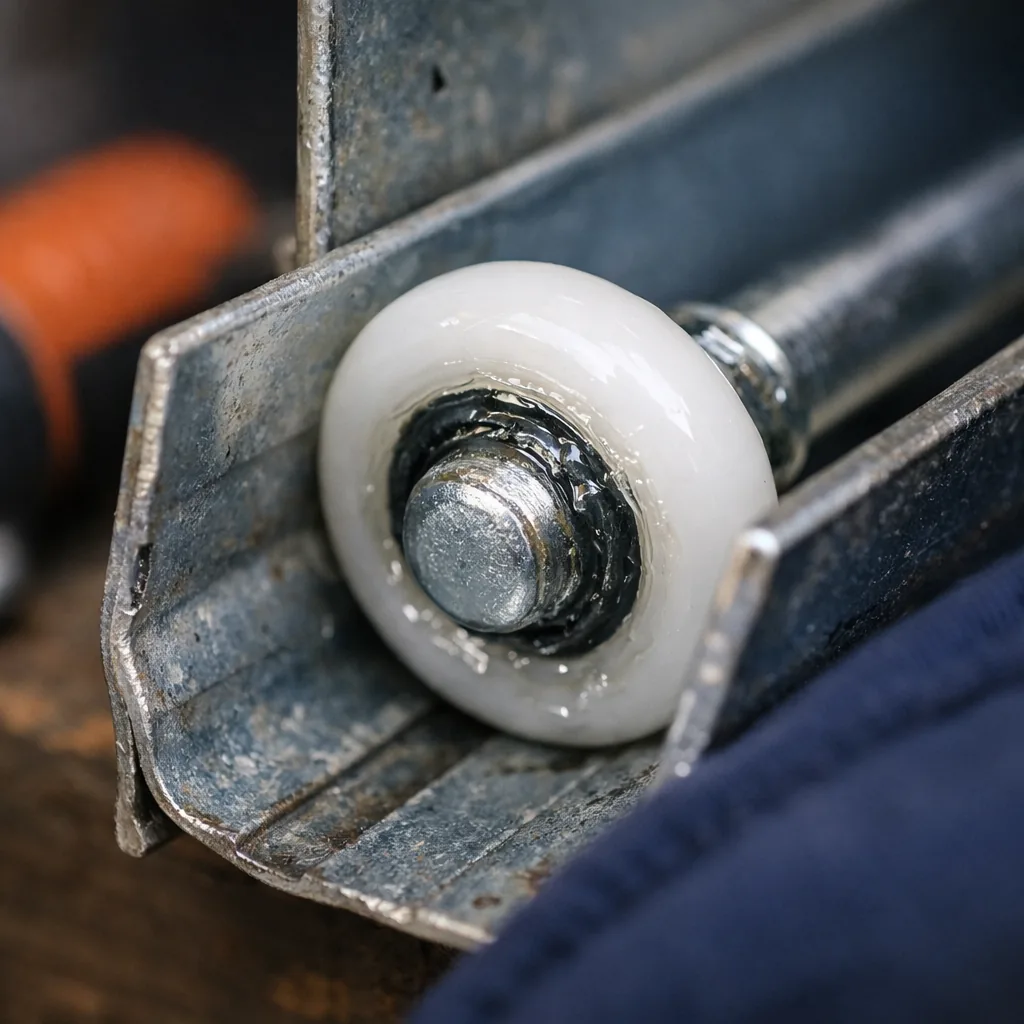 Close-up of a nylon garage door roller sitting clean and well greased inside a steel track