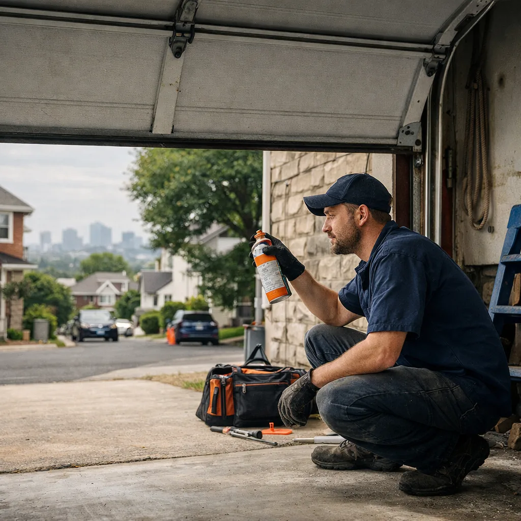 A technician in plain workwear spraying lubricant on the hinges and rollers of a sectional garage door at a North Jersey home, door partly open, in daylight