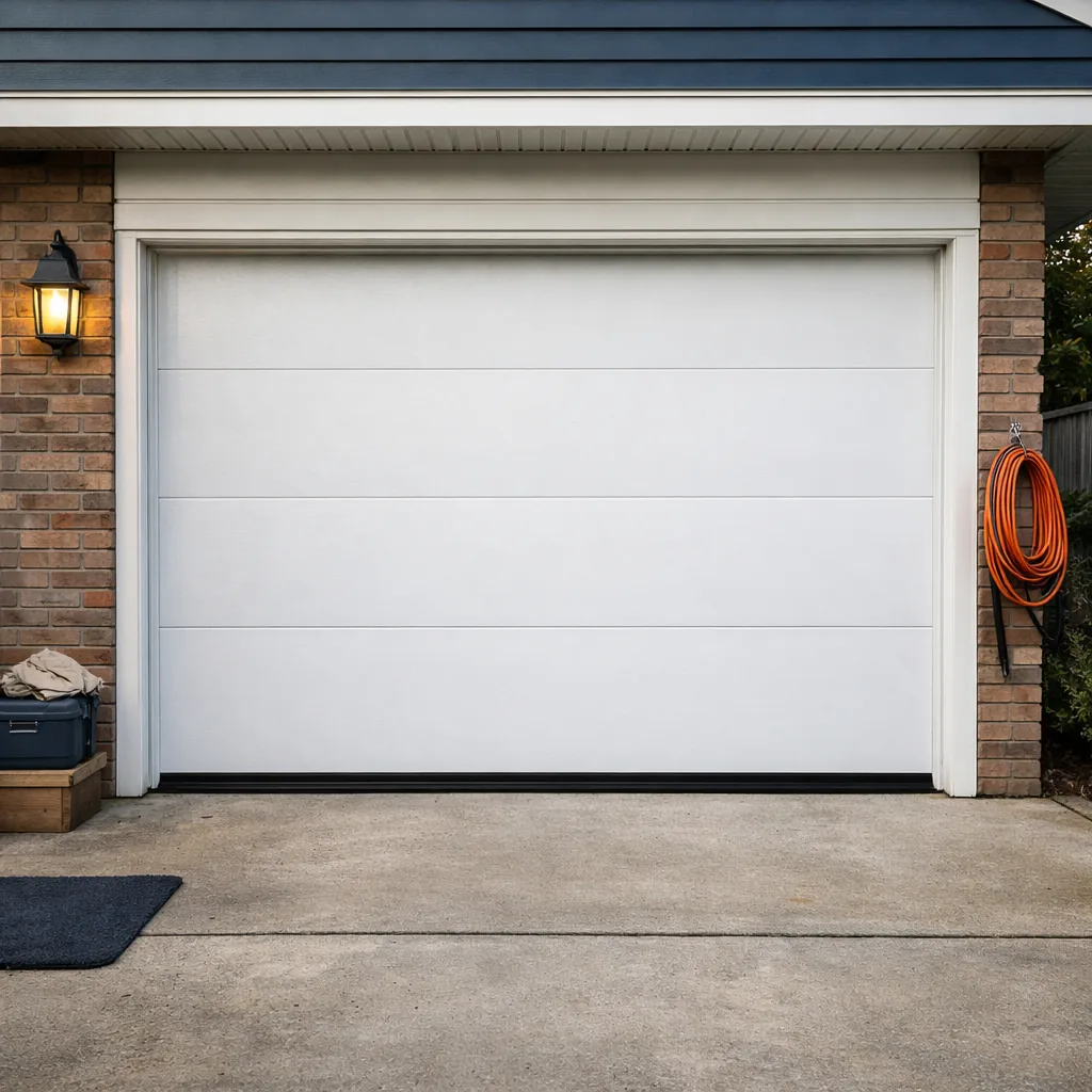 A clean, evenly closed residential garage door with a straight bottom seal sitting flush on the floor