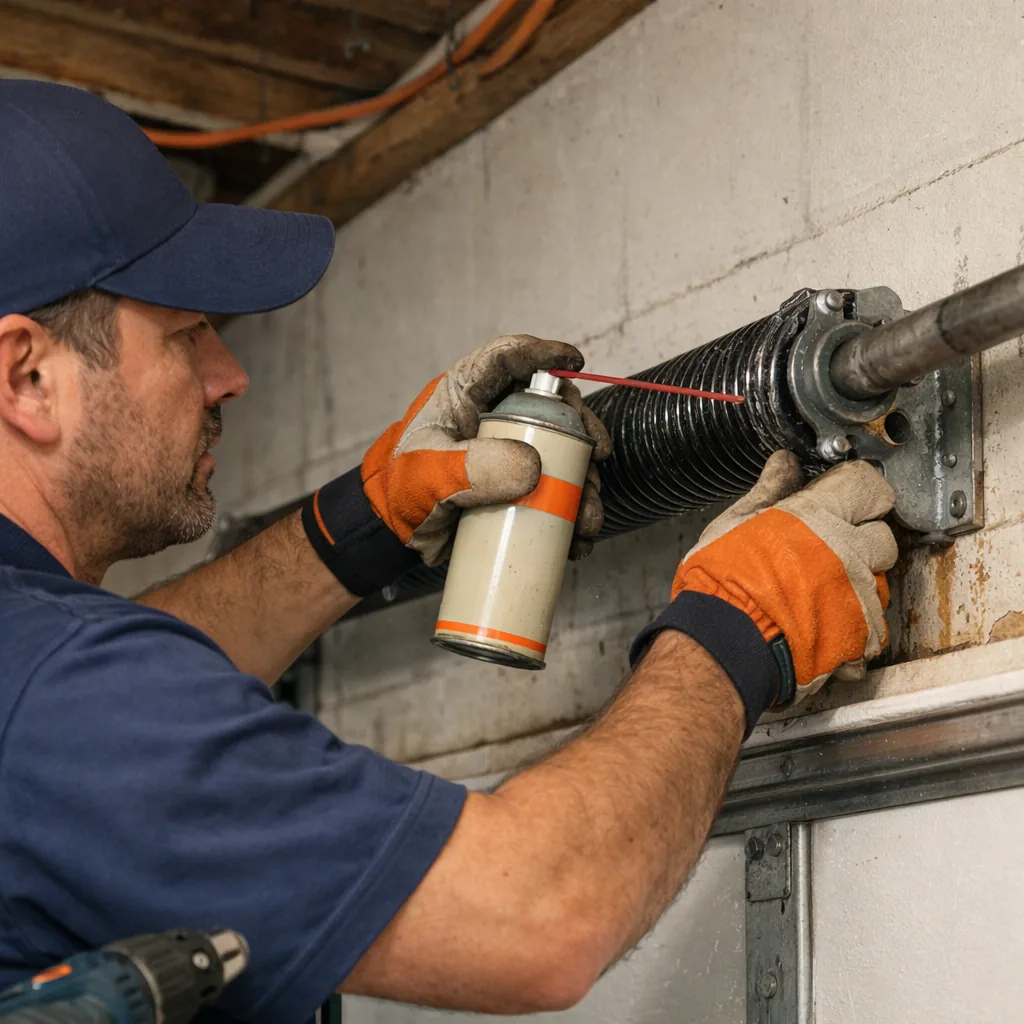 A technician applying lubricant to the coils of a torsion spring above a residential garage door