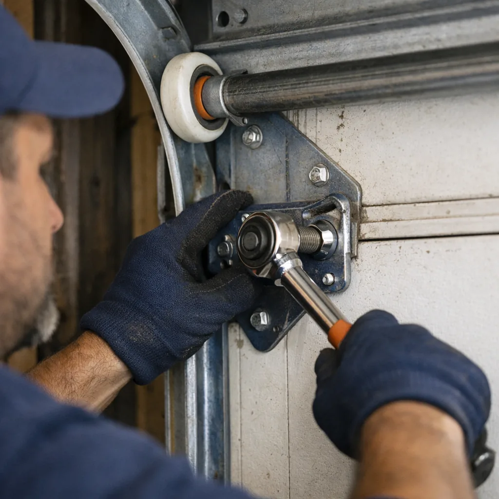A technician tightening a bolt on a garage door hinge with a socket wrench, close view of the track and rollers