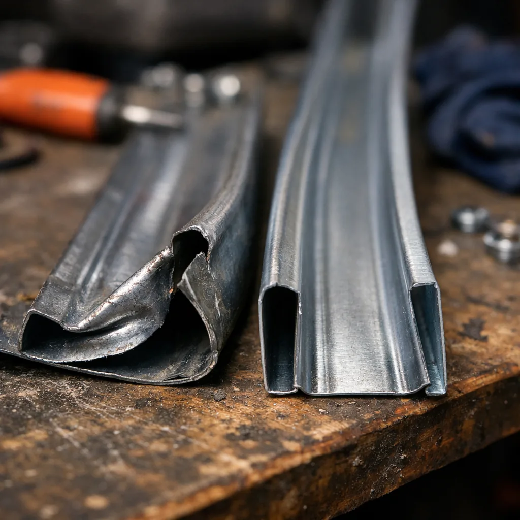 A close-up of a bent section of garage door track beside a new straight section on a workbench
