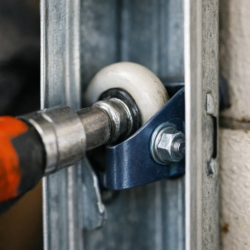 A close-up of a roller seated correctly inside a steel garage door track with the bracket tightened