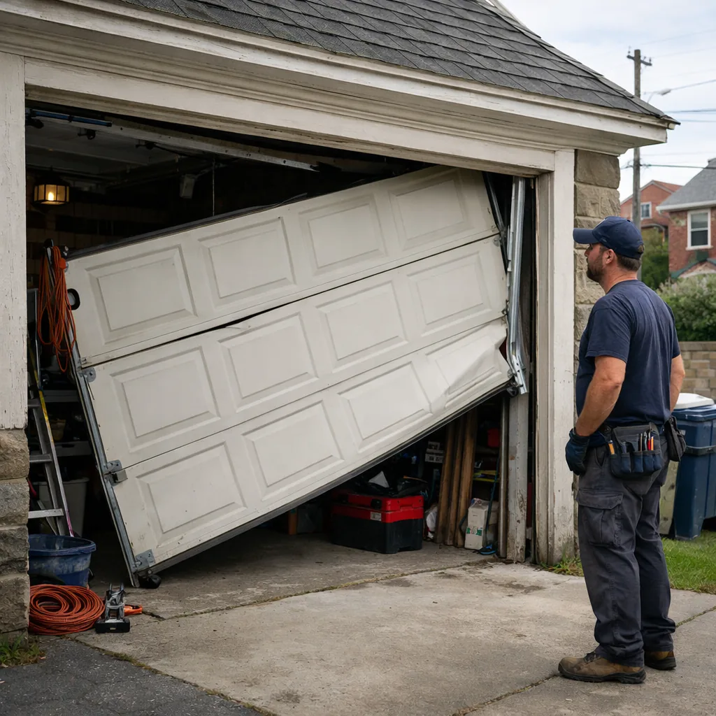 A residential garage door hanging crooked with one roller out of its vertical track, and a technician in plain workwear studying the track from a safe distance