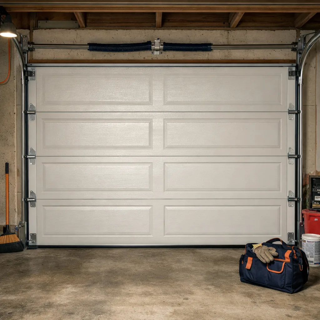 A residential garage door fully closed and level in its opening after repair, with both vertical tracks straight and parallel