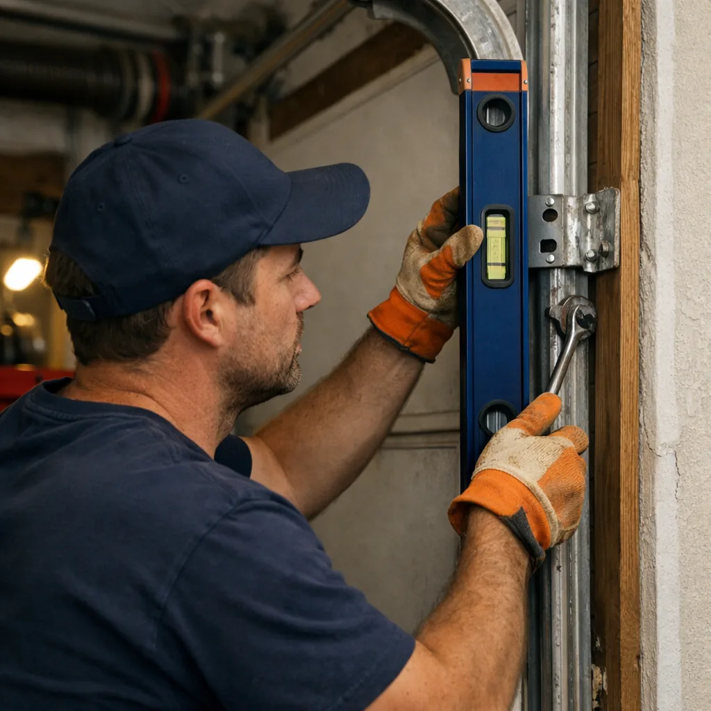 A technician in plain workwear using a level against a vertical garage door track to check it is plumb after loosening the mounting brackets