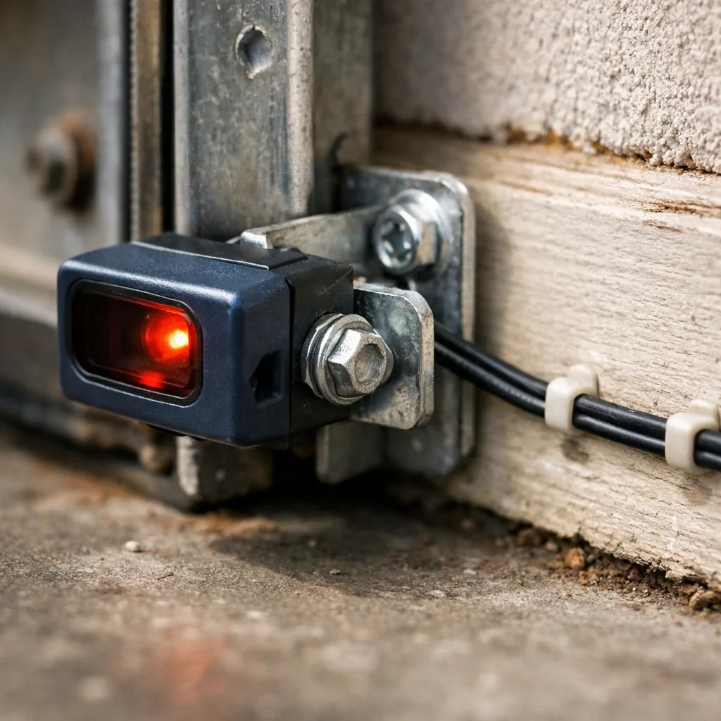 Close-up of a photo-eye safety sensor bolted to a garage door track a few inches above the floor, with the wire neatly stapled along the wall
