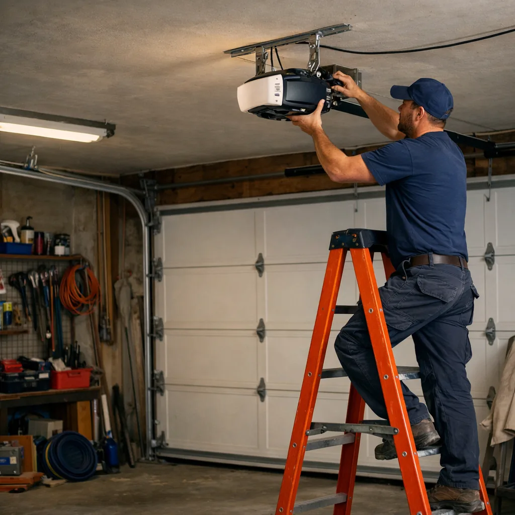 A technician in plain workwear on a ladder mounting a new belt-drive garage door opener to the ceiling bracket above a closed sectional door