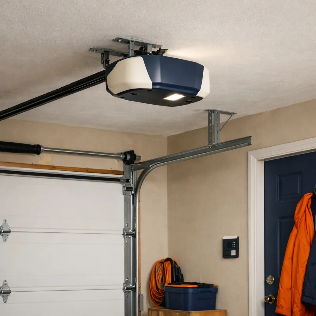 A new belt-drive garage door opener mounted on a clean ceiling above a closed garage door, with the wall control by the entry door