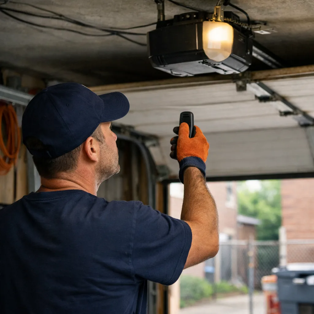 A technician in plain workwear holding a small remote up toward the ceiling-mounted opener motor, with the garage door half open behind him