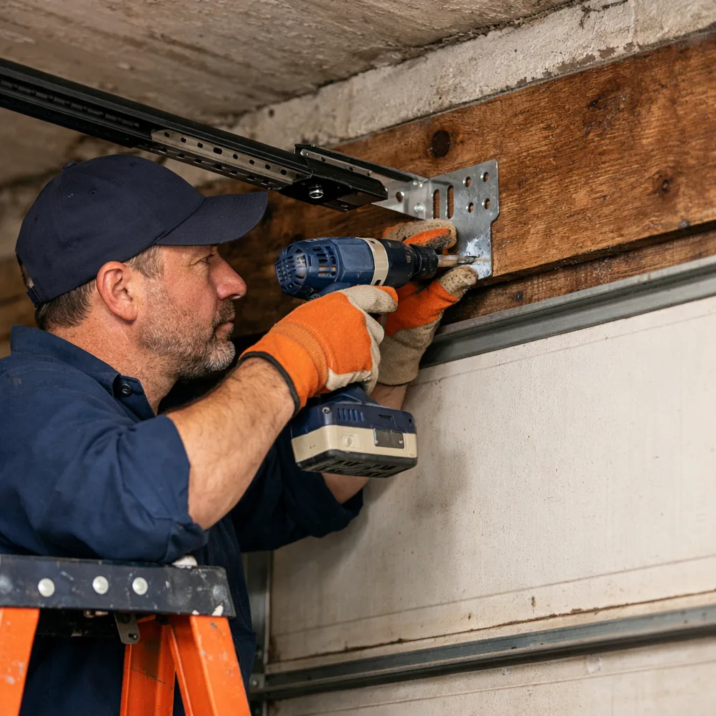 A technician in workwear attaching the opener rail bracket to the header wall above a garage door with a drill, a ladder in view