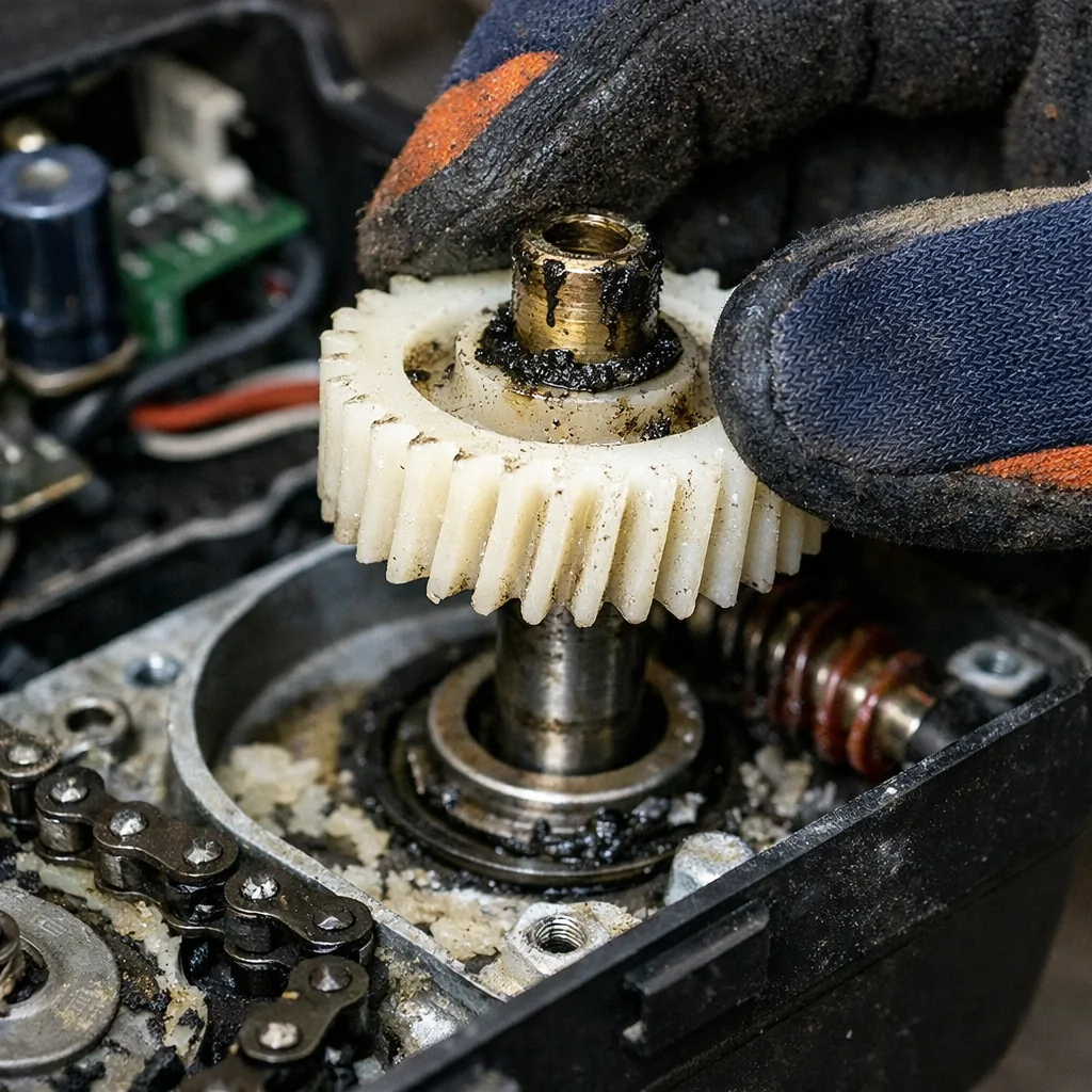 A gloved hand lifting a worn white nylon drive gear out of an opened garage door opener motor housing