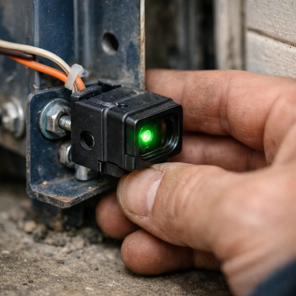A technician's hand adjusting the alignment of a garage door safety sensor photo eye on its track bracket near the floor