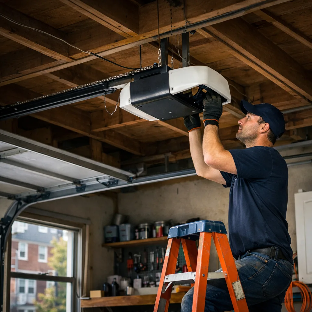 A technician in plain workwear on a stepladder opening the cover of a ceiling-mounted garage door opener, with the rail and chain visible