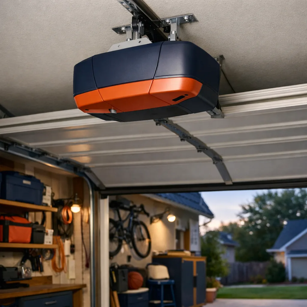 A repaired ceiling-mounted garage door opener with its cover on, the garage door fully open above a tidy garage