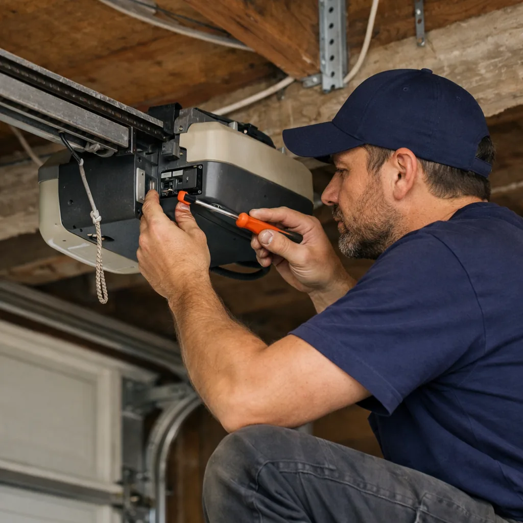 A technician in plain workwear beside a garage door opener rail, adjusting the travel limit on the motor head with a screwdriver