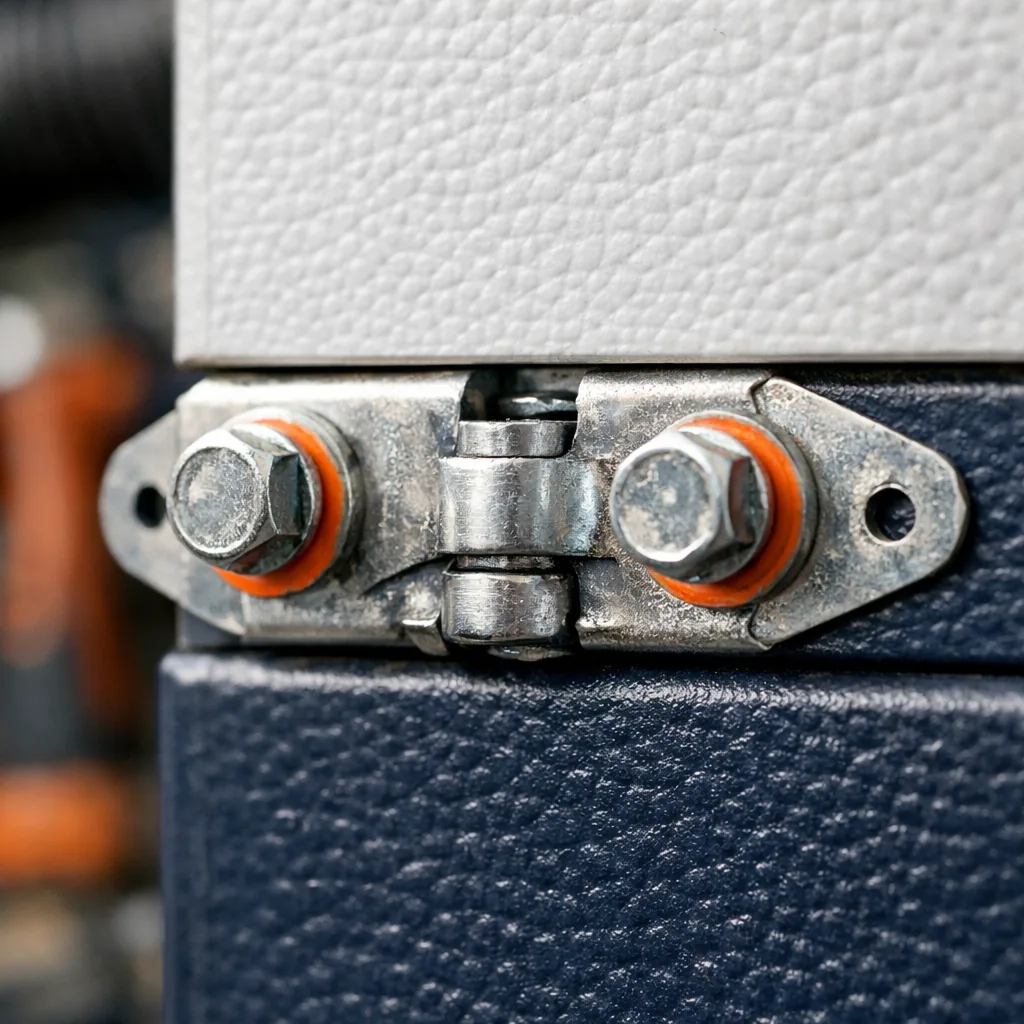 Close-up of a hinge bolted between two panels, the new panel edge lined up evenly with the one above it