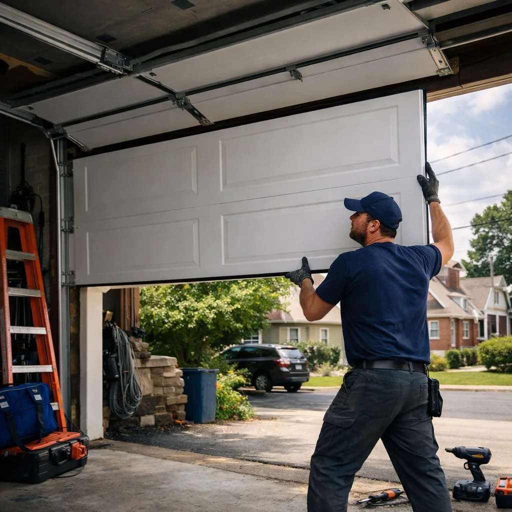 A technician in plain workwear lifting a new sectional garage door panel into place on an open door at a North Jersey home, daylight