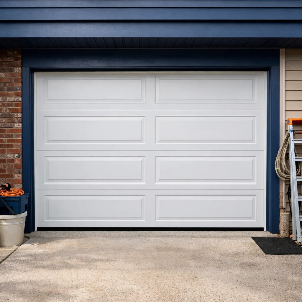 A residential garage door with all panels in line and no dents, closed flush against the floor