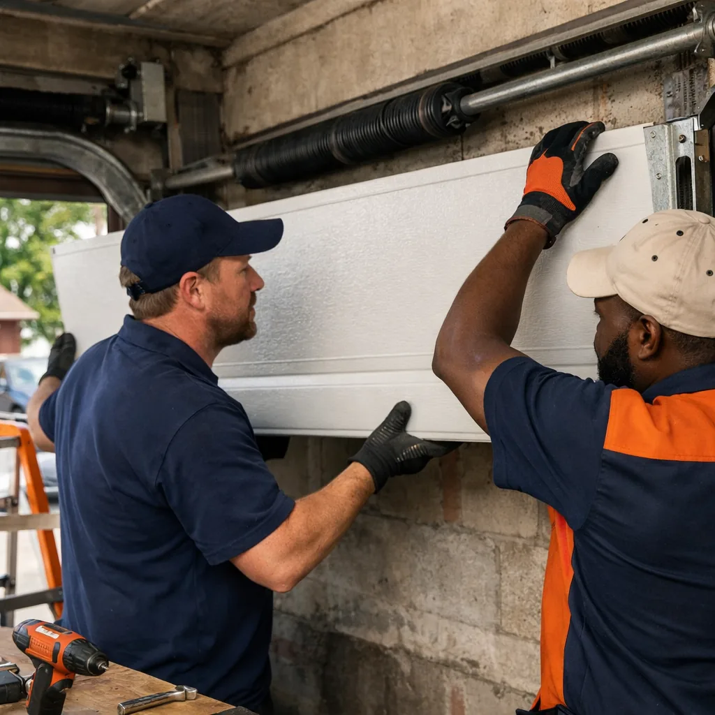 Technicians in workwear sliding a new panel into the track opening on a residential garage door