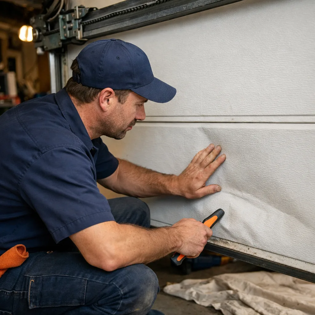 A technician checking a dented bottom panel of a white steel garage door, hand on the dent, opener rail visible overhead