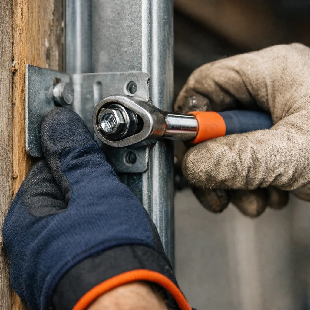 Close-up of a technician's gloved hands tightening a track bracket on a vertical garage door track