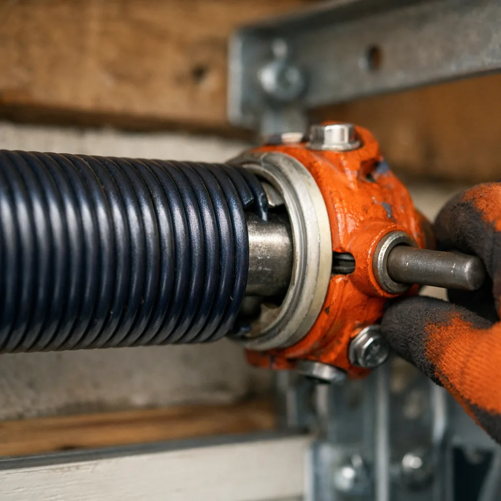 Close-up of a new torsion spring mounted on its shaft with winding cones above a garage door