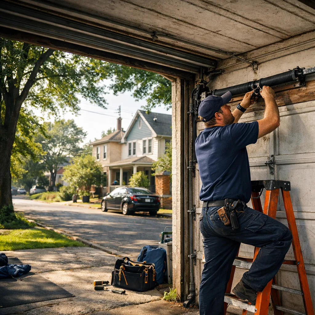 Wide view of a technician in plain workwear checking the torsion spring above a residential garage door on an older tree-lined suburban street