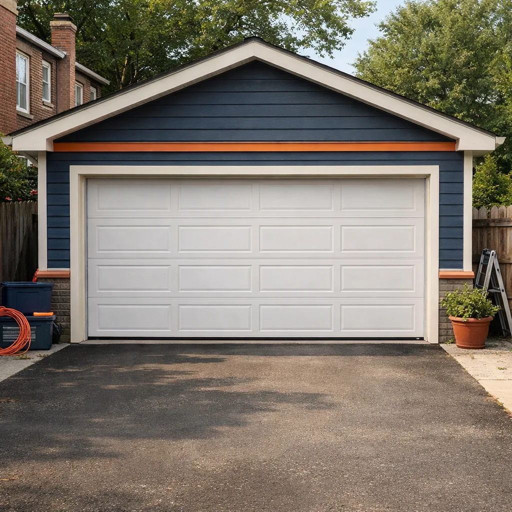 A repaired residential garage door closed and level on a detached garage with a driveway in front, no visible writing