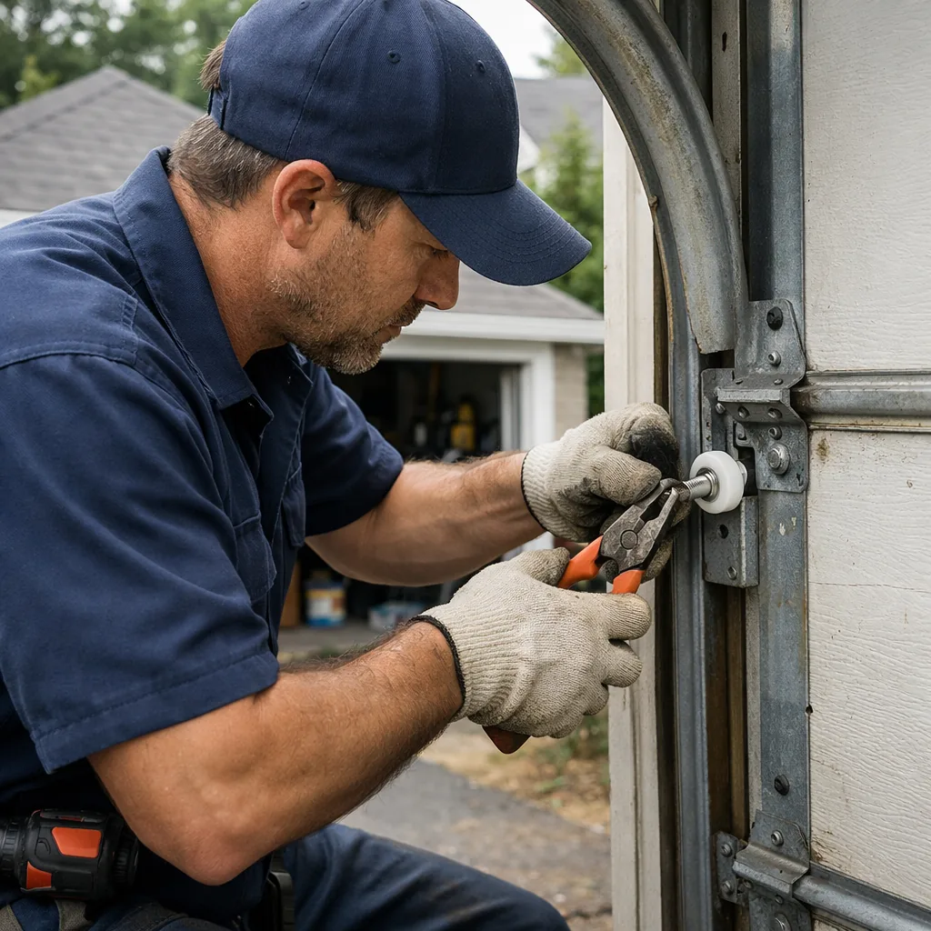 A technician in plain workwear replacing a roller on a sectional garage door at the track, with a detached suburban garage in the background