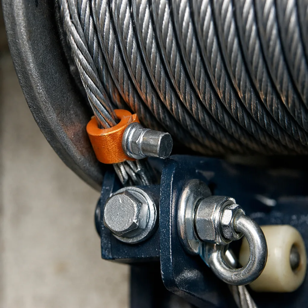 A close-up of a new steel lift cable seated on a drum with the bottom bracket secure and clean hardware