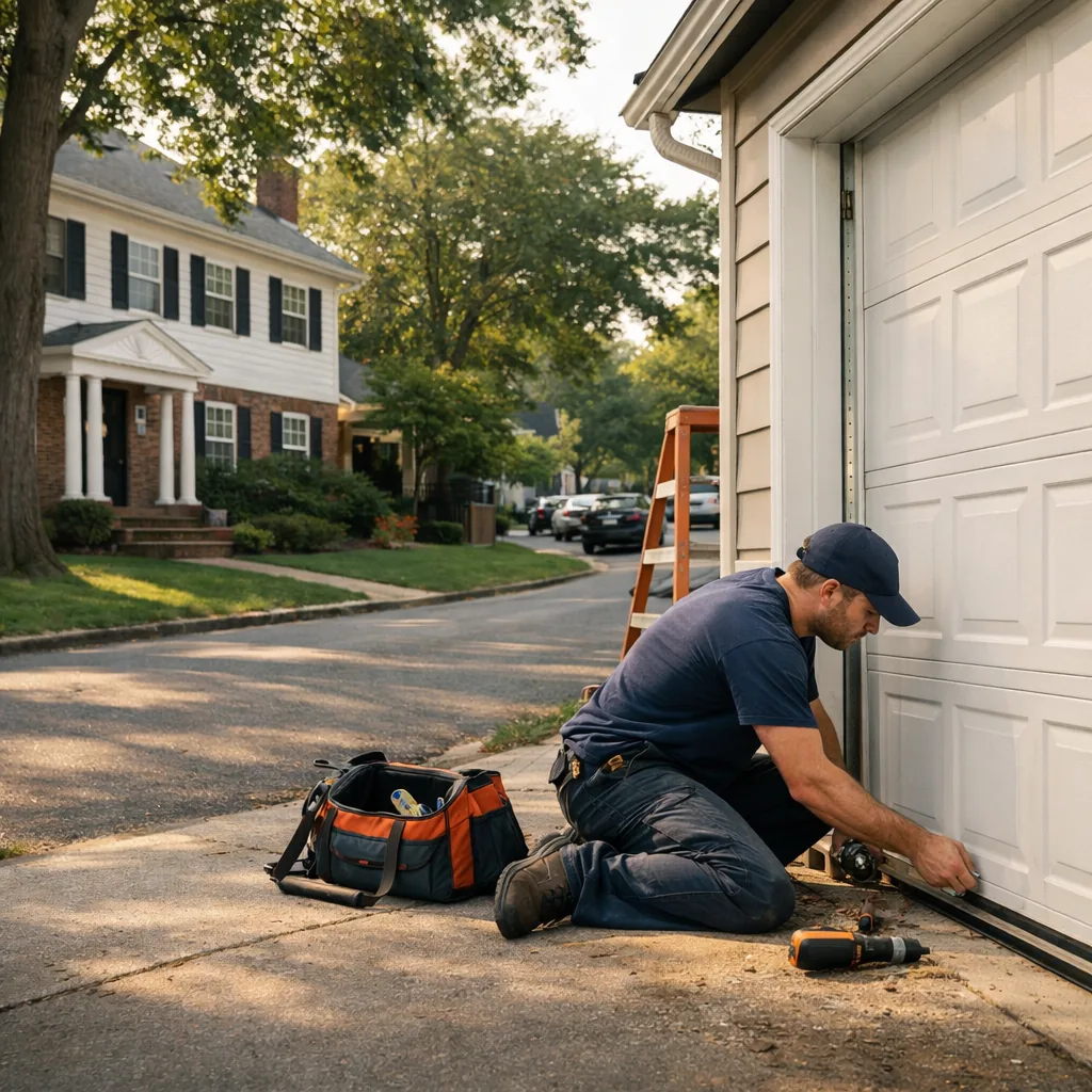 A technician in plain workwear kneeling at the bottom corner of a white garage door on a tree-lined suburban street with a classic colonial house, checking the track and roller