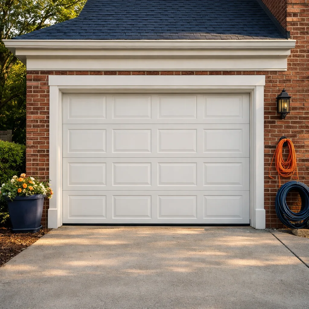 A repaired white sectional garage door closed and square on a brick colonial in a leafy suburb, with clean trim in afternoon light