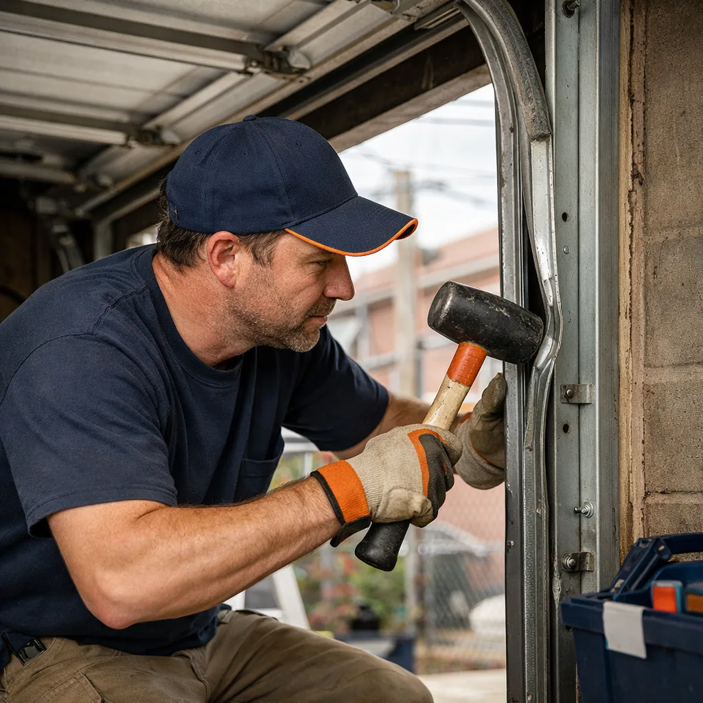 A technician in plain workwear realigning a bent vertical garage door track with a mallet, with the door open