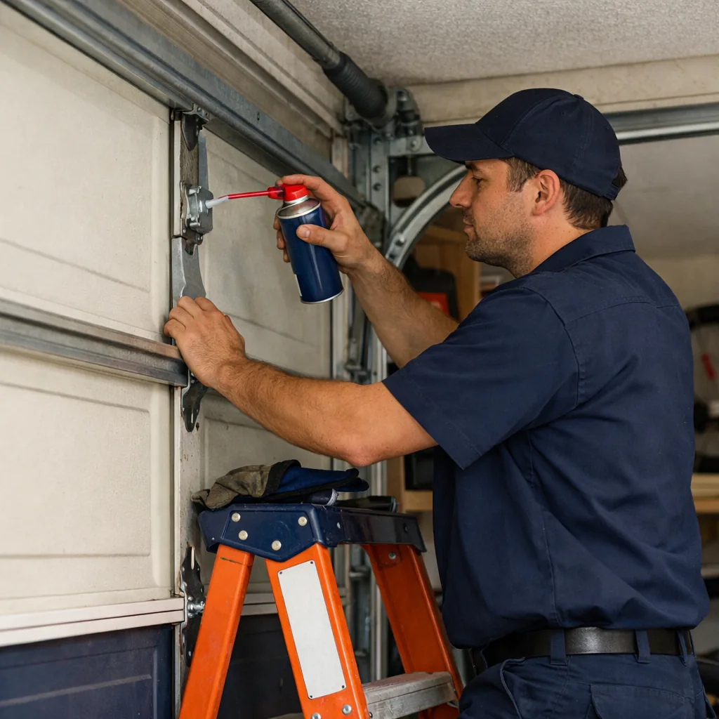 A technician in plain workwear on a stepladder lubricating the rollers and hinges of a sectional garage door in a tidy residential garage
